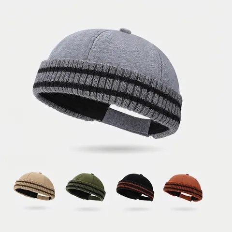 Vintage Docker Hat Brimless Miki Cap Cotton Knitted Striped Adjustable Winter Warm Retro Yuppie Beanie Unisex