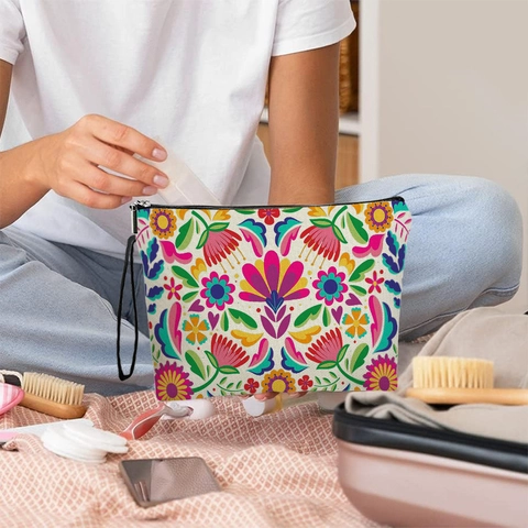 Borsa Trucco Stampa Floreale E Uccelli Arte Popolare Messicana Pochette Cosmetici Lino Cerniera Cinturino Polso Donna