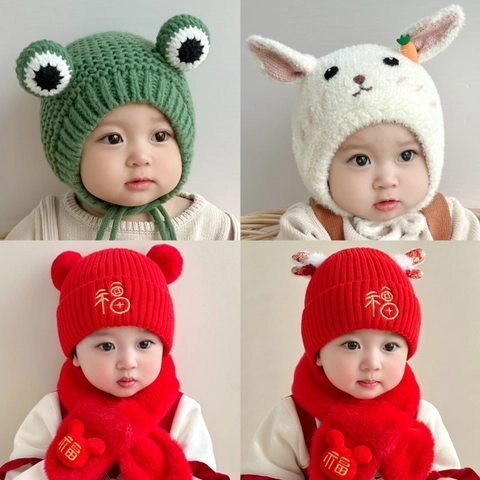 Baby Knitted Hat Winter Warm Fleece Lined Ear Flap Bonnet With Ties Cartoon Animal Fruit For Toddler Infant Boys Girls