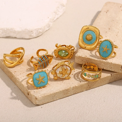 Oceaan Thema Roestvrij Staal 18K Verguld Open Ring Voor Dames Zeester Krab Schildpad Emaille Sieraden Zomer Strand