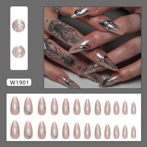 Uñas Postizas Press On Stiletto Rosa Perla Artificialdo 3D Plata Metal Líquido Llama Punk Estilo Y2K Plástico ABS Uñas Artificiales