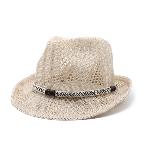 Cappello Fedora In Paglia All Uncinetto Traforato Traspirante Protezione Solare Jazz Cap Con Fascia Intrecciata Decorativa
