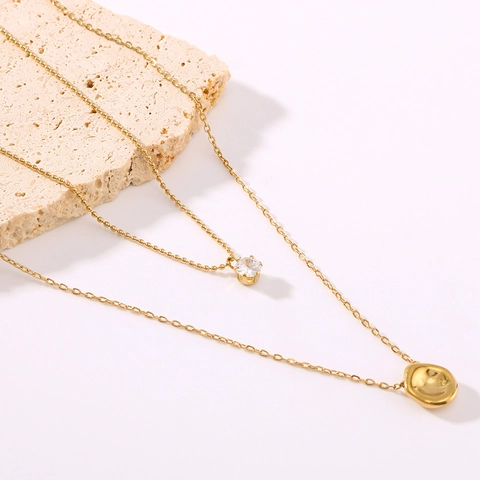 Double Layer Necklace Stainless Steel 18K Gold Plated Zircon Pendant Irregular Metal Drop Minimalist Clavicle Chain For Women