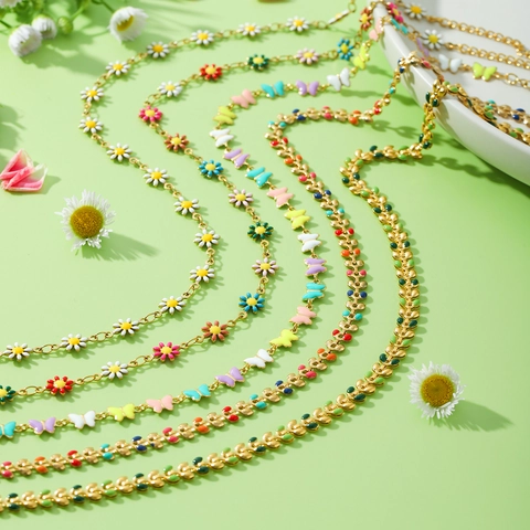 Collier Bracelet En Acier Inoxydable Bijoux Émail Coloré Marguerite Papillon Fleur Feuille Mode Style Ins Pour Femmes