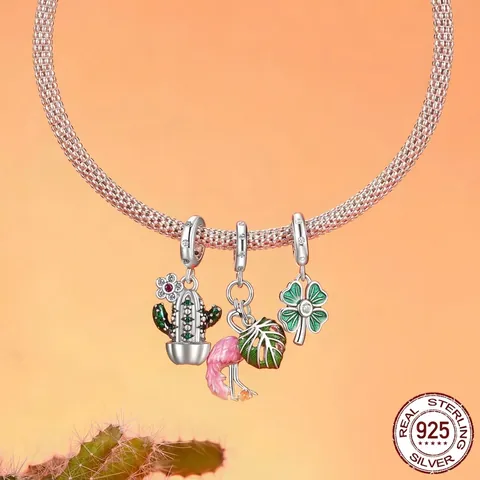Abalorios De Plata De Ley 925 Tema Planta Flamenco Cactus Piña Trébol Esmalte Circonia Colgante Joyería DIY Cuentas