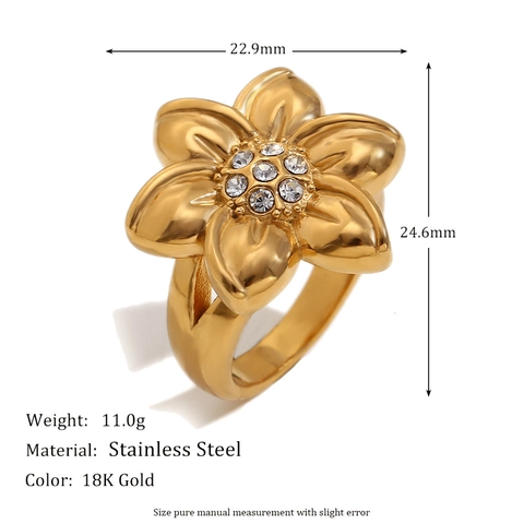 Stainless Steel Flower Ring 18K Gold Plated Rhinestone Inlaid Vintage Niche Design Women Jewelry