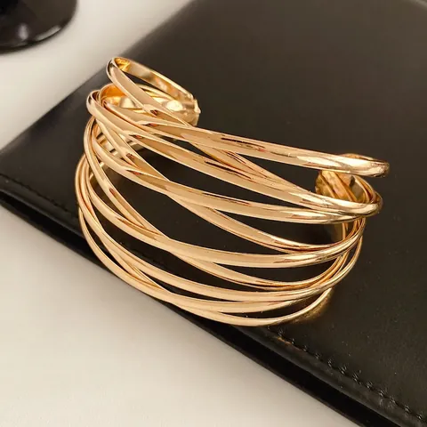 Multi Layer Interwoven Alloy Open Cuff Bracelet Minimalist Geometric Cross Design Adjustable Jewelry For Women