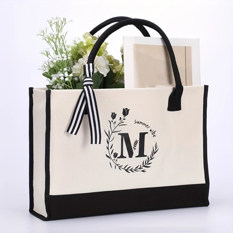 Canvas Draagtas Met Bloemen Letteropdruk Summer Vibe Grote Capaciteit Strand Shopping Handtas Met Lintstrik