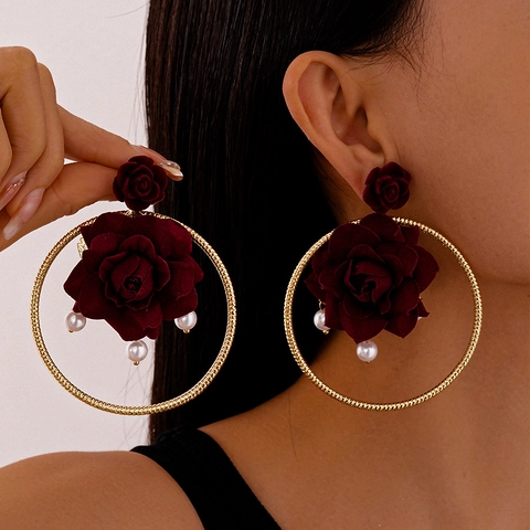 Vintage Red Fabric Rose Flower Hoop Earrings With Imitation Artificial Pearl And Silver Earring Post For Women Elegant Jewelry
