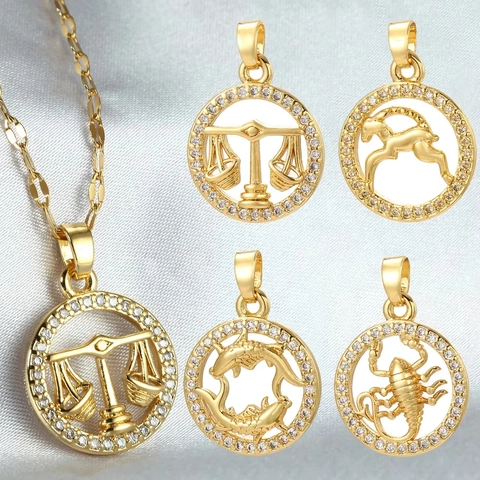 Zodiac Constellation Charms For Jewelry Making Round Hollow Copper Pendants With Cubic Zirconia Astrology DIY Accessories