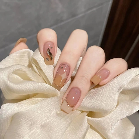 Unghie Finte Lunghe Forma Bara Glitter Stella Stile Francese Strass Nude Marrone Unghie Artificiali Di Lusso