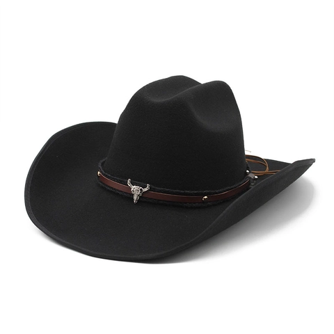 Western Cowboy Hat Wool Felt Wide Brim With Faux Leather Band And Metal Bull Skull Vintage Retro Style For Men Women