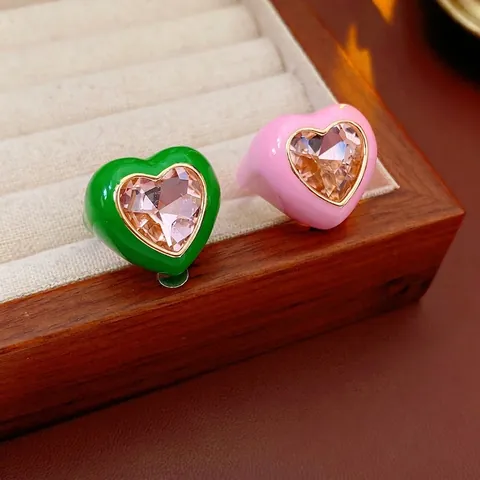 Heart-Shaped Ring Alloy Drip Oil Enamel Inlaid Rhinestone Open Adjustable Fashion Minimalist Jewelry For Women