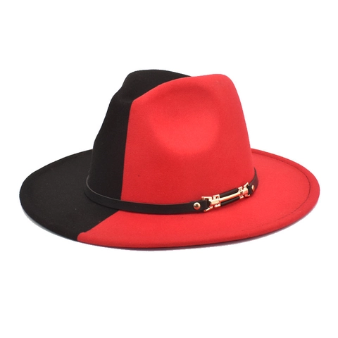 Two Tone Color Block Fedora Hat Woolen Felt Wide Brim Jazz Cap With Belt Buckle Vintage British Style For Men Women