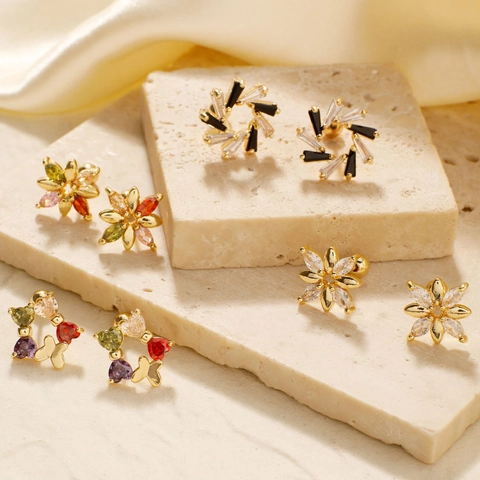 Flower Stud Earrings Copper Gold Plated Colorful Zircon Butterfly Screw Back Delicate Fashion Jewelry For Women