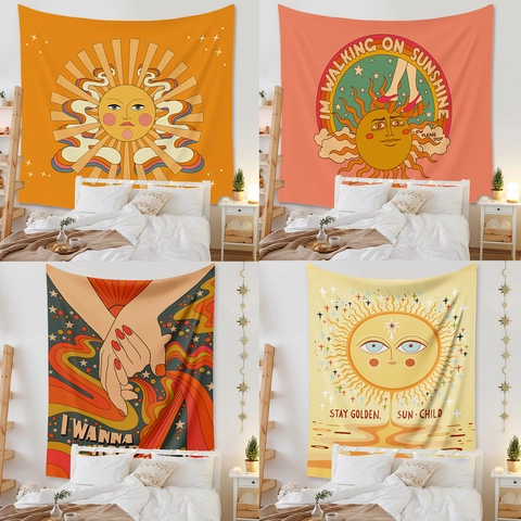 Arazzo Da Parete Boho Retrò Sole Psichedelico E Mani Tessuto In Poliestere Decorazione Per Camera Da Letto Soggiorno