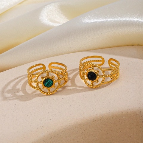 Vintage Stainless Steel Adjustable Ring For Women With Inlaid Gemstone Malachite Turquoise Hollow Out Geometric Jewelry