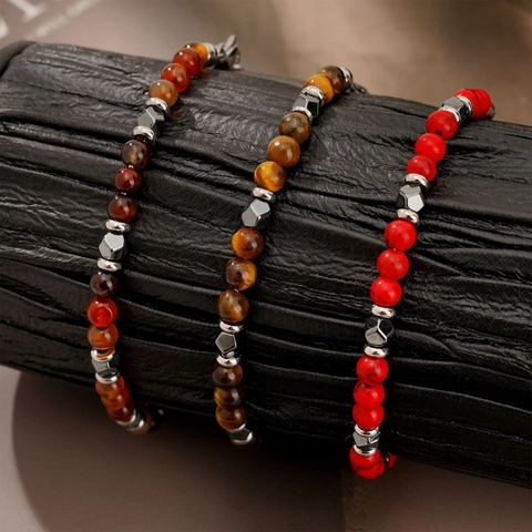 Natural Stone Beaded Bracelet Tiger Eye Agate Hematite Stainless Steel Clasp Adjustable Bohemian Fashion Jewelry