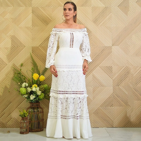 Elegant Off The Shoulder Lace Tiered Evening Dress Hollow Out Ruffle Floor Length Wedding Banquet Formal Gown For Women