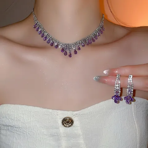 Strass Wassertropfen Quaste Halskette Und Ohrringe Eleganter Kupferschmuck Lila Silber Gold Damen Luxus Braut Bankett
