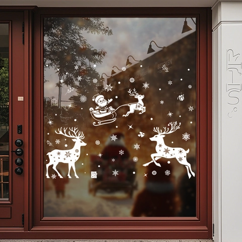 Christmas Window Static Stickers White PVC UV Reindeer Santa Snowflake Glass Decals Glue-Free Holiday Party Decor