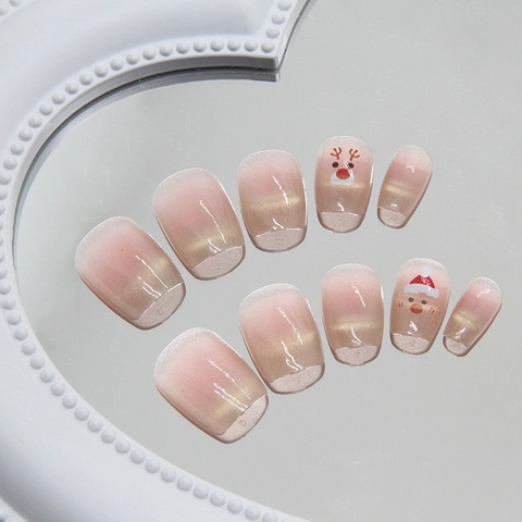 Unghie Finte Natale Cat Eye Motivo Renna Babbo Natale Sfumatura Rosa Nude Lucide Per Donna Decorazione Unghie Festiva