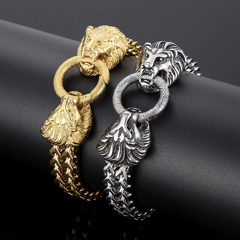 Lion Head Chain Bracelet Stainless Steel Hip Hop Punk Heavy Woven Jewelry For Men Bold Gothic Style Accessories