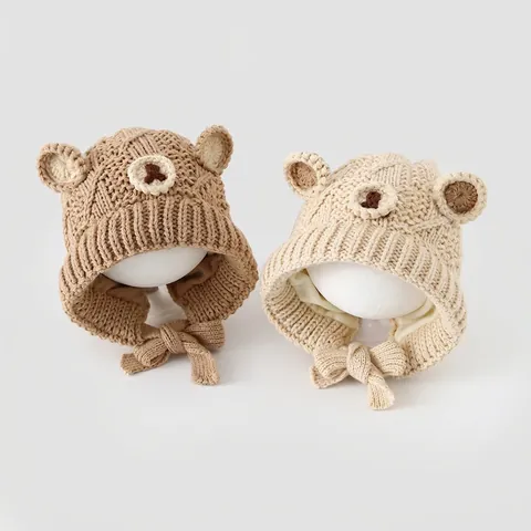 Kids Knitted Ear Protection Hat Cute Bear Ears Cotton Warm Windproof Beanie With Chin Strap For Boys Girls