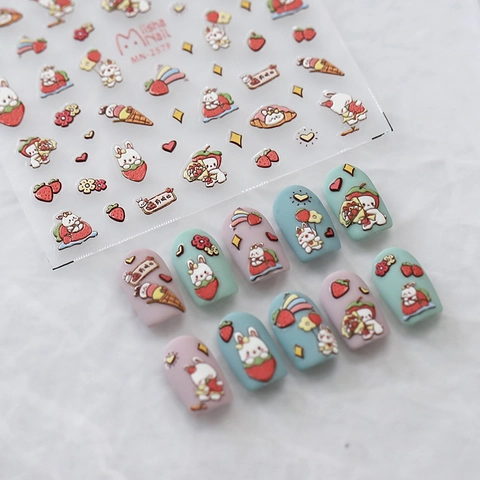 Nail Art Stickers 5D Embossed Adhesive Decals Cartoon Rabbit Strawberry Flowers For Manicure DIY Cute Style