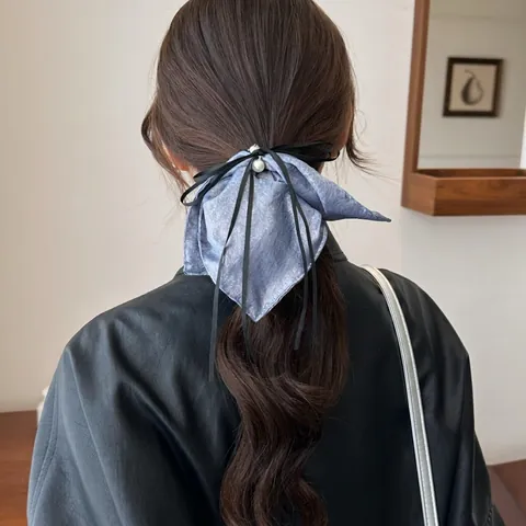 Pearly Glitter Bow Scrunchie With Long Streamer Elegant Fabric Hair Tie Ribbon Faux Artificial Pearl Rhinestone Women