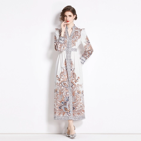 Vintage Palast Stil V-Ausschnitt Maxikleid Laternenärmel Paisley Muster Einreihig Tailliertes Langes Kleid Damen