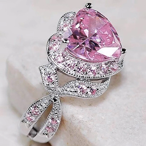 Heart Shaped Pink Zircon Ring Copper Bow Knot Romantic Sweet Jewelry For Women