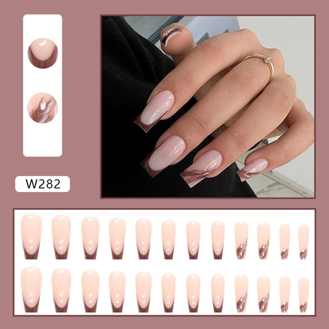 Lange Coffin Kunstnagels Bruin French Tips Marmer Inkt Smudge Nude Roze Lijm Stijl Kunstnagels Voor Vrouwen