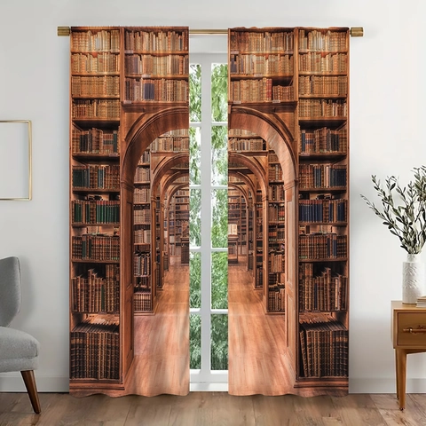 Vintage Bücherregal 3D Druck Vorhänge Polyester Bibliothek Muster Bogenkorridor Perspektive Verdunkelungsvorhänge Für Wohnzimmer