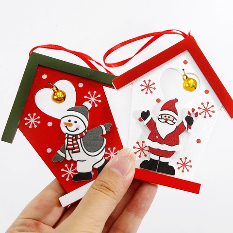 Pendentif Maison de Noël en Bois Père Noël Bonhomme de Neige Décoration de Sapin Avec Clochette Dorée Ornement Festif pour la Maison