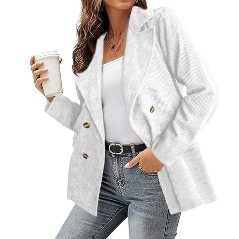 Chaqueta Americana de Pana Casual para Mujer Doble Botonadura Solapa Manga Larga Color Sólido Patchwork Ropa de Otoño Invierno Moda Top