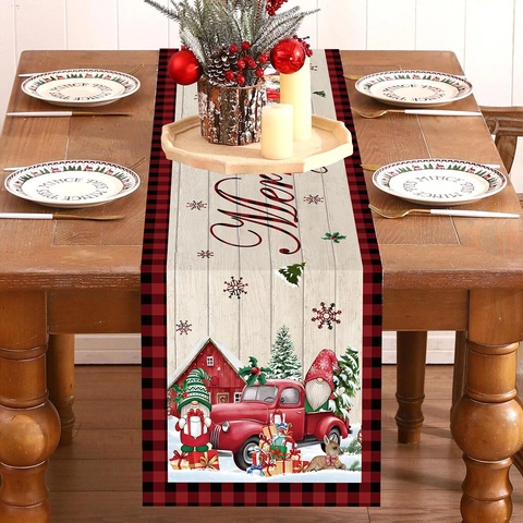Kerst Tafelloper Polyester Linnen Stijl Gnoom Rode Vrachtwagen Buffalo Plaid Houtnerf Voor Vakantie Feest Diner Decoratie