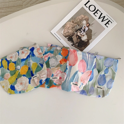 Oil Painting Style Canvas Makeup Bag Portable Toiletry Organizer Pouch Floral Pattern Travel Storage Case For Women