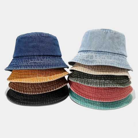 Washed Denim Bucket Hat Vintage Solid Color Sun Protection Outdoor Summer Casual Basin Cap For Men Women