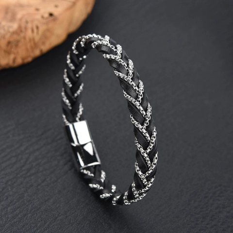 Pulsera Para Hombre De Cuero Trenzado Con Cadena De Acero Inoxidable Pulido Cierre Magnético Joyería Geométrica Mínima