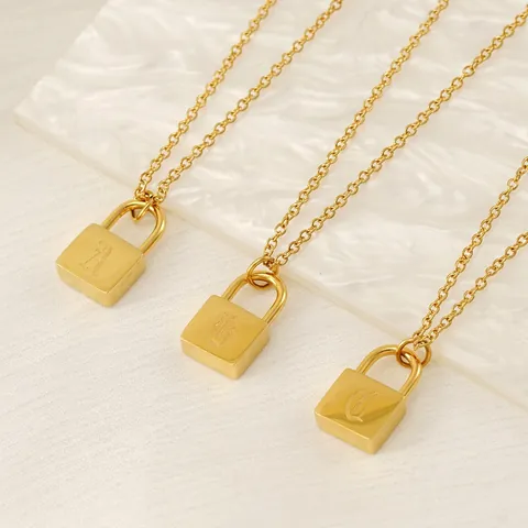 Padlock Pendant Necklace 18K Gold Plated Stainless Steel Engraved Initial Letter Square Fashion Unique Chic Women Jewelry