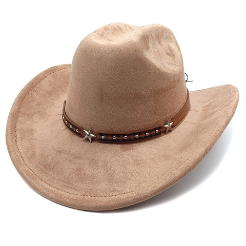 Western Cowboy Hat Retro Suede Fedora With Leather Band Metal Star Rivets Wide Brim Vintage Ethnic Style For Adults