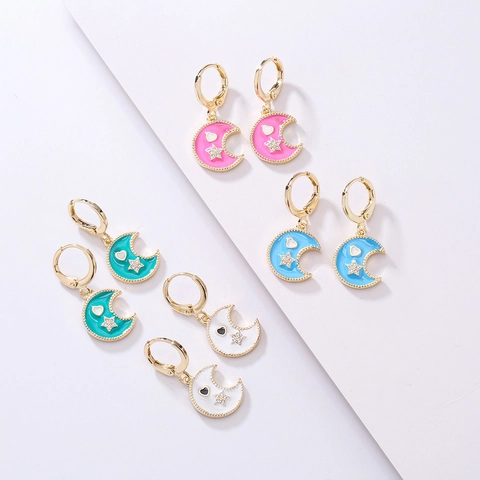 Moon Star Enamel Dangle Hoop Earrings For Women 18K Gold Plated Copper Colorful Heart Zircon Jewelry