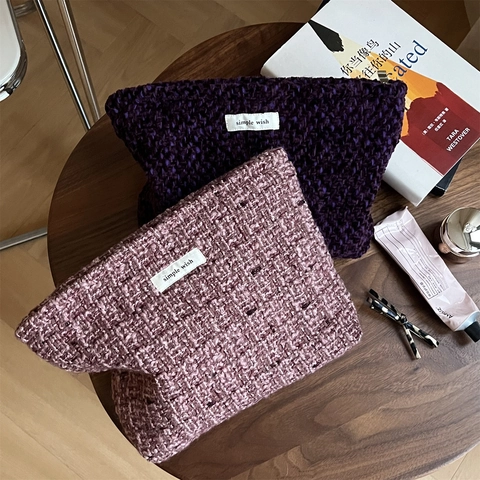 Chunky Knit Tweed Cosmetic Bag Woven Clutch Handbag For Women Daily Travel Soft Zippered Pouch Organizer