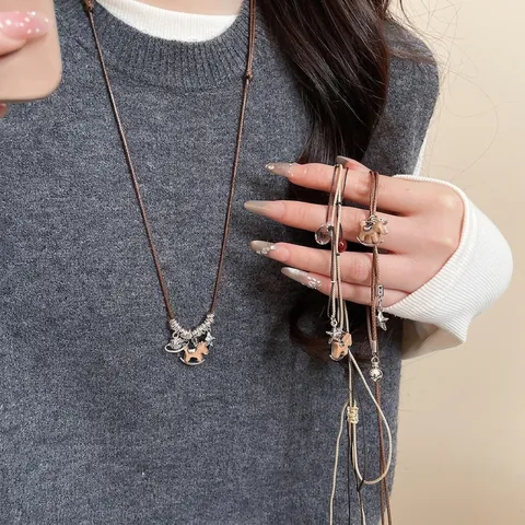 Bijoux Collier Boucles D'oreilles Cheval À Bascule Bois Cuivre Corde Cuir Avec Tige Argent 925 Style Rétro Forêt