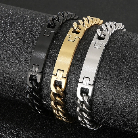 Bracciale A Catena Cubana Da Uomo Acciaio Inossidabile 316L Opaco Piastra ID Hip Hop Street
