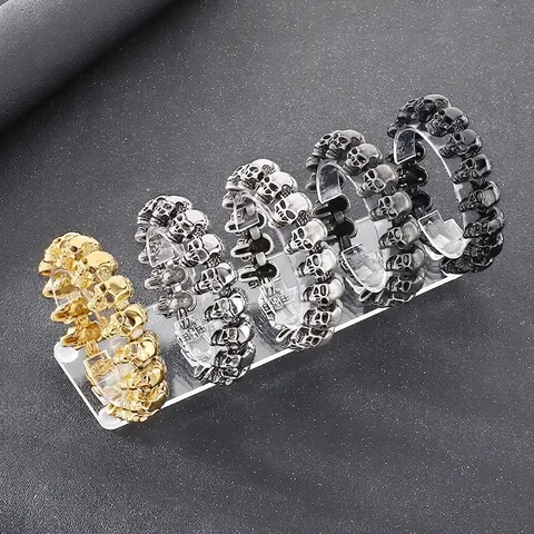 Men Stainless Steel Skull Bracelet Punk Gothic Linked Skull Heads Retro Cross Clasp Hip Hop Rock Jewelry