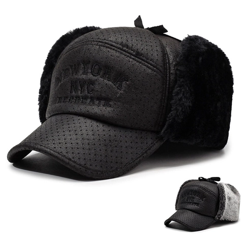 Herren Winter Lei Feng Hut PU Leder Kunstpelz Gefüttert Winddicht Ohrenklappen Mütze Outdoor Reiten Warm Trapper Mütze Für Kaltes Wetter
