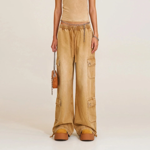 Women Retro Cotton Denim Cargo Pants Multi Pockets Loose Drawstring Wide Leg Streetwear Vintage Trousers