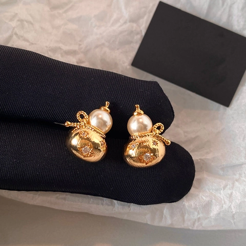 Gourd Stud Earrings With Faux Artificial Pearl And Rhinestones Vintage Chinese Style Gold Plated Jewelry Silver Earring Post For Women